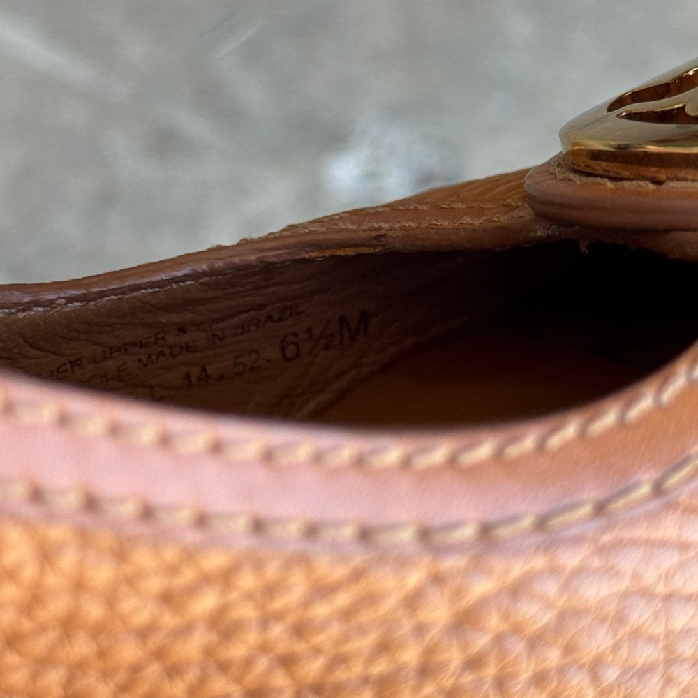 Tory Burch Sally Tan Leather Peep Toe Wedge Pumps Gold Reva Logo Size 6.5M - Picture 4 of 6